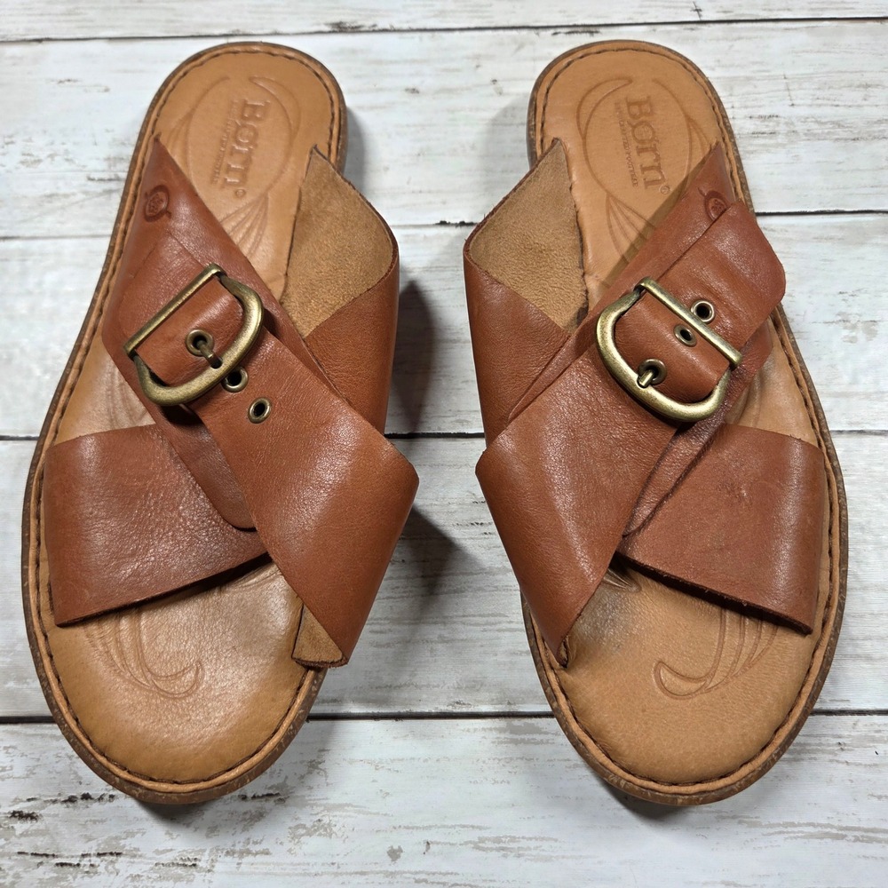Born Iwa Slide Sandals Buckle Leather Women 7M Cognac Brown BR0019606